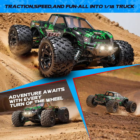 1 18 Scale All Terrain RC Cars 4WD Off Road Truck with 2.4 GHz Remote driving on dirt, SUV style electric vehicle profile view