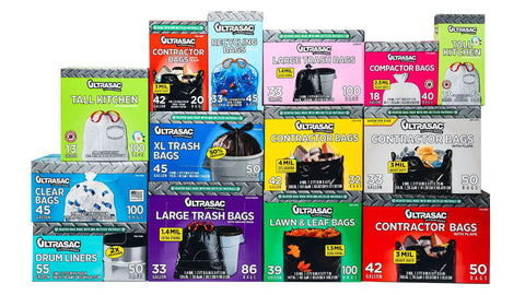 Stacks of various Ulrasac trash bag boxes including Beefy Heavy Duty Trash Compactor Bags, 18 Gallon, 25 X 35 Inches, 2.5 Mil Thick.
