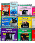 Collection of various Ultrasac trash and compactor bags in colorful packaging, stacked together