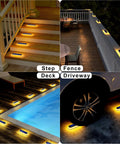 4 Pack Solar Step Lights Outdoor Waterproof LED installed on stairs, deck, and driveway, illuminating paths with warm white light.