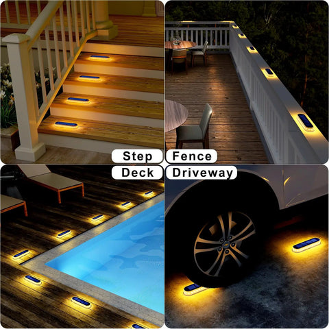 4 Pack Solar Step Lights Outdoor Waterproof LED installed on stairs, deck, and driveway, illuminating paths with warm white light.