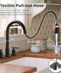 FORIOUS Black 2-Handle Kitchen Faucet, 3-Mode High Arc Pull Down Sprayer with 14-inch flexible pull-out hose in kitchen setting.
