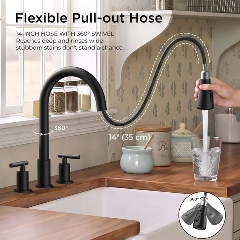 FORIOUS Black 2-Handle Kitchen Faucet, 3-Mode High Arc Pull Down Sprayer with 14-inch flexible pull-out hose in kitchen setting.
