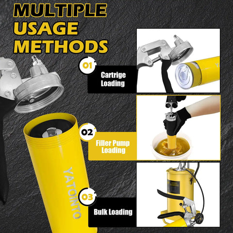 Multiple loading methods for Heavy Duty Beefy 14Oz 15 Piece Pro Grade Grease Gun Kit With 7000 PSI Leak-Proof Spray Gun in yellow.