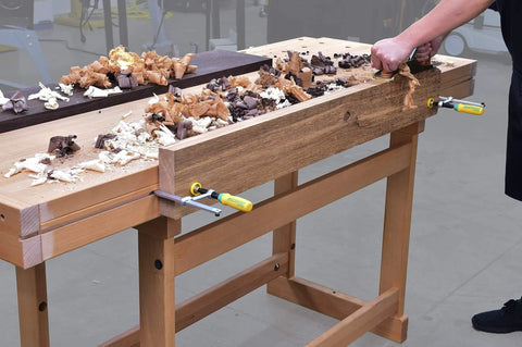 Matchfit Dovetail Clamps DVC 538K2 With X Pad Set securing wood on workbench for woodworking in a workshop