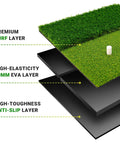 Layered view of Portable Foldable Grab-and-Go Dual Turf Golf Practice Mat showing turf, 10mm EVA, and anti-slip layers