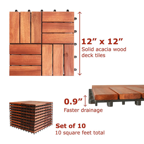 Teak Interlocking Patio Deck Tiles Set of 10 12 Inch by 12 Inch Outdoor Wood Flooring Mats with anti-slip surface and drain design