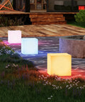 Rechargeable LED Cube Chair Light With Remote, 16 Inch Glow Cube Seat Doubles As Waterproof Cube Table on garden pathway