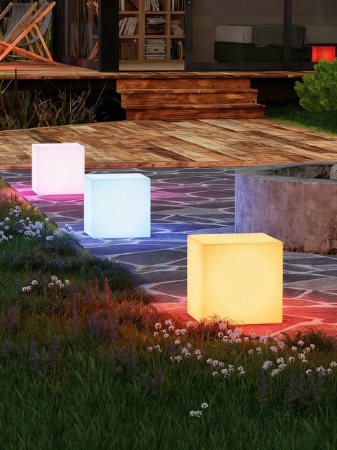 Rechargeable LED Cube Chair Light With Remote, 16 Inch Glow Cube Seat Doubles As Waterproof Cube Table on garden pathway