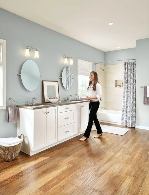 Bathroom with sleek Glyde Chrome Two Handle High Arc Centerset Bathroom Faucet With Sleek Finish Easy Flow Levers Water Sense Certified.