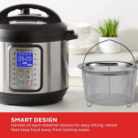 Stainless Steel Mesh Steamer Basket Set With Easy Lift Handles For Dual Purpose Steaming And Straining beside Instant Pot