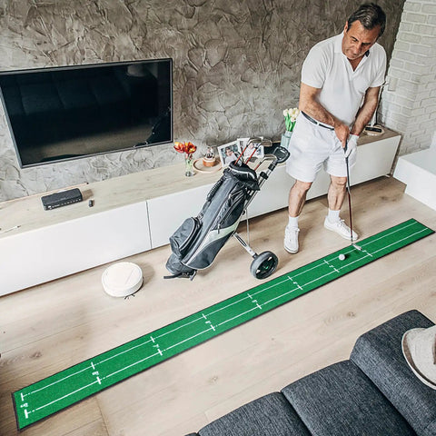 Man practicing on Indoor Outdoor Golf Putting Mat Pro Practice Green With Distance Markers Anti Slip Backing Portable Training Aid Nine Point Two Feet In Length in living room.
