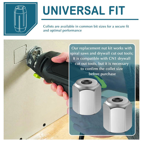 2 Pack Replacement Nut Kit For CN1 Drywall Cut Out Tools And Spiral Saws, shown next to power tool and cutout demonstration