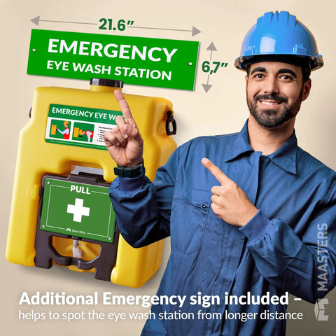 Worker pointing at 14 Gallon Portable Eye Wash Station With Wall Mount OSHA Compliant Emergency Eyewash Kit Featuring Dual Spray Nozzles And Mirror