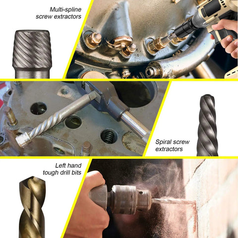 35 Piece Screw Extractor Set With Left Hand Drill Bits and Multi Spline Extractors for Removing Broken Bolts and Stripped Screws shown in use.