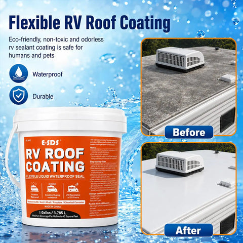 MS Polymer RV Roof Sealant 1 Gallon Coating image showing before and after application on RV roof with brush accessories