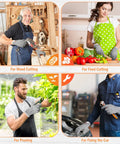 Six Pairs Cut Resistant Gloves Level 5 Protection For Kitchen Prep And DIY Heavy Duty Food Handling Shucking Fish And Precise Cutting Grip Safe Medium Size Anti Cut Kitchen Safety Gloves shown in various use scenarios including food preparation and gardening.