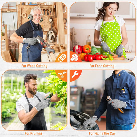 Six Pairs Cut Resistant Gloves Level 5 Protection For Kitchen Prep And DIY Heavy Duty Food Handling Shucking Fish And Precise Cutting Grip Safe Medium Size Anti Cut Kitchen Safety Gloves shown in various use scenarios including food preparation and gardening.