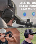 TrackR Noise Cancelling Ear Muffs For Mowing Construction And Shooting With Electronic Hearing Protection worn by a man shooting.
