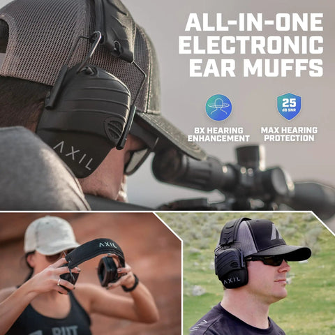 TrackR Noise Cancelling Ear Muffs For Mowing Construction And Shooting With Electronic Hearing Protection worn by a man shooting.