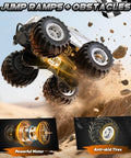 All Terrain Remote Control Truck Beast With 360 Degree Spins And Lights performing jump over obstacle in desert
