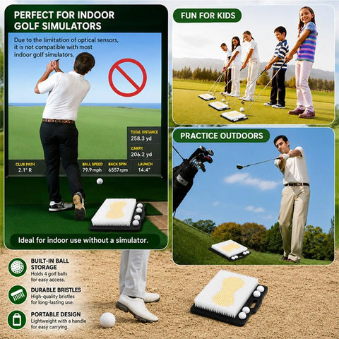 Chipping And Sand Trap Golf Practice Mat For Backyard And Indoor Use With Realistic Sand Simulation shown with golfer and kids.