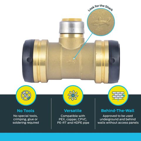 2 Inch By 2 Inch By 1 Inch Reducing Tee Push To Connect Brass Plumbing Fitting For PEX Copper CPVC PERT HDPE Pipe No Sweat Install