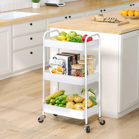 Three Tier Rolling Cart Metal Utility Storage Organizer With Lockable Wheels Space Saving Design Ideal For Kitchen