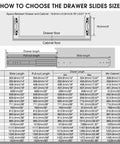 Diagram and chart detailing sizes for installing Beefy Heavy Duty Drawer Slides 470 Lb Load Capacity Full Extension Ball Bearing Side Mount Rails.