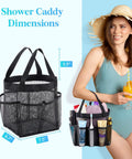 Dope Portable Mesh Shower Caddy With Seven Pockets, Freestanding Dorm Organizer Bag dimensions shown next to model.