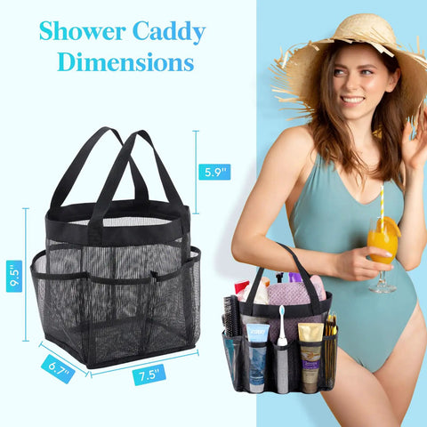 Dope Portable Mesh Shower Caddy With Seven Pockets, Freestanding Dorm Organizer Bag dimensions shown next to model.