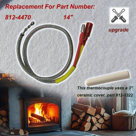 14-inch replacement thermocouple kit with braided stainless protection tube and red/yellow leads; includes 3-inch ceramic cover