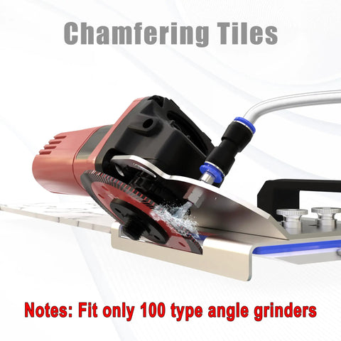 Versatile 45 Degree Tile Chamfering Tool Stand For Angle Grinders attached to 100 type grinder with cooling tube connector