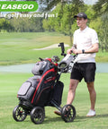 Link Ready Four Wheel Golf Push Cart All Terrain Walking Caddy With Beast Mode Slope Stability in use on a course.