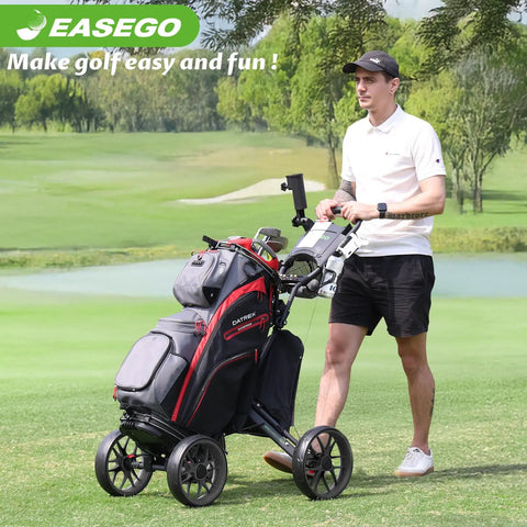 Link Ready Four Wheel Golf Push Cart All Terrain Walking Caddy With Beast Mode Slope Stability in use on a course.