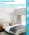 Modern bedroom with ceiling fixture and white bedding, promoting T6 LED bulb with 30000-hour lifespan certifications displayed.