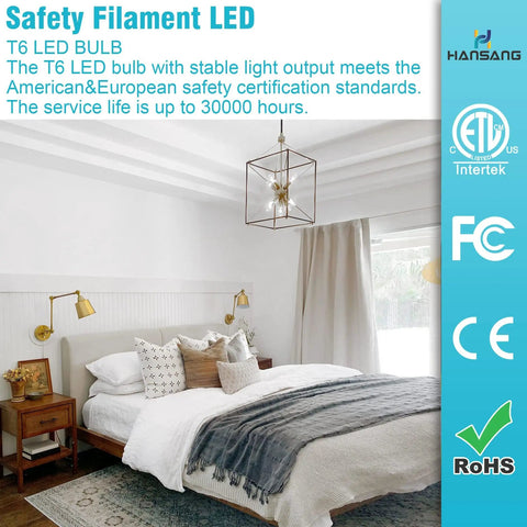 Modern bedroom with ceiling fixture and white bedding, promoting T6 LED bulb with 30000-hour lifespan certifications displayed.
