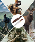 Collage featuring 14 Inch Bowie Knife With Wood Handle For Hunting And Outdoor Use Razor Sharp Clip Point Blade In 3CR13 Steel