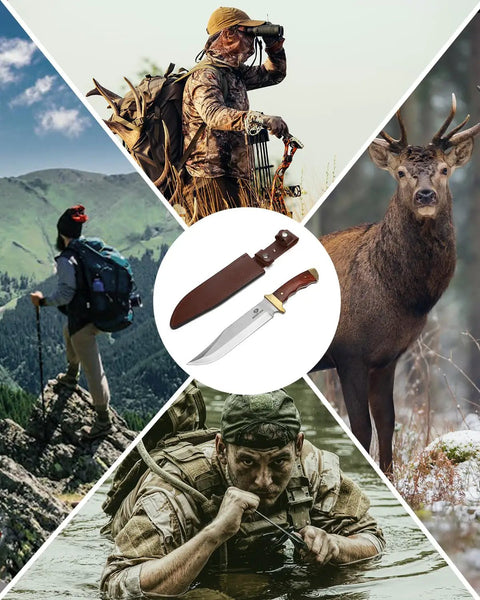 Collage featuring 14 Inch Bowie Knife With Wood Handle For Hunting And Outdoor Use Razor Sharp Clip Point Blade In 3CR13 Steel