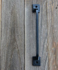 Black Cast Iron Pull Handles 9 Inch Square Base Set Of 2 Durable Powder Coated Finish For Cabinet Doors Gates Barn Doors And Interior Exterior Use Rustic Farmhouse Style Hardware Suitable For Indoor And Outdoor Use mounted on wood door.