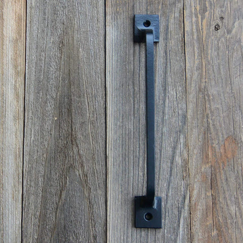 Black Cast Iron Pull Handles 9 Inch Square Base Set Of 2 Durable Powder Coated Finish For Cabinet Doors Gates Barn Doors And Interior Exterior Use Rustic Farmhouse Style Hardware Suitable For Indoor And Outdoor Use mounted on wood door.