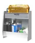 Wall Mount Aluminum Two Shelf Open Storage Cabinet for Race Trailer Garage Shop Enclosed Trailer Toy Hauler Silver Easy Install Lip Edges and Pre Drilled Mounting Holes with visible tools and cans