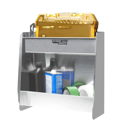 Wall Mount Aluminum Two Shelf Open Storage Cabinet for Race Trailer Garage Shop Enclosed Trailer Toy Hauler Silver Easy Install Lip Edges and Pre Drilled Mounting Holes with visible tools and cans