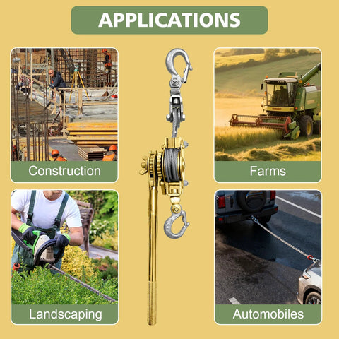 Applications of 2 Ton Come Along Winch Puller With Double Rope And Two Hooks in construction, farming, landscaping, and automobiles.