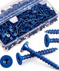 Heavy Duty Blue Ceramic Wood Screws For Backer Board And Cement Tile, A Hella Solid 1000 Pack Of 1-5/8 Inch Fasteners in transparent box.