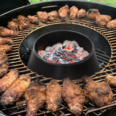 Chicken wings cooking on grill with Double Rolled Edge One Piece Grill Shield for Weber Smokey Mountain 22 and 26.75 Inch Kettle Grills.
