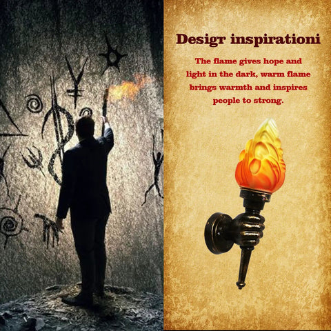 Silhouette holding a flame against ancient symbols and Two Pack Rustic Industrial Wall Sconces With Flame Glass Lampshade