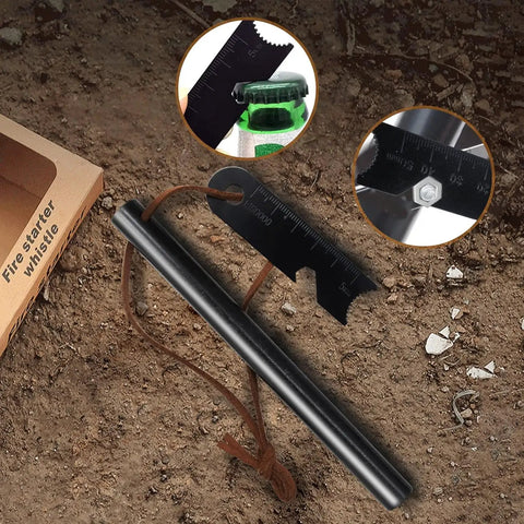 Two Pack 4 Inch Ferro Rod Fire Starter Kit with Leather Neck Lanyard and Multi Tool on rocky ground