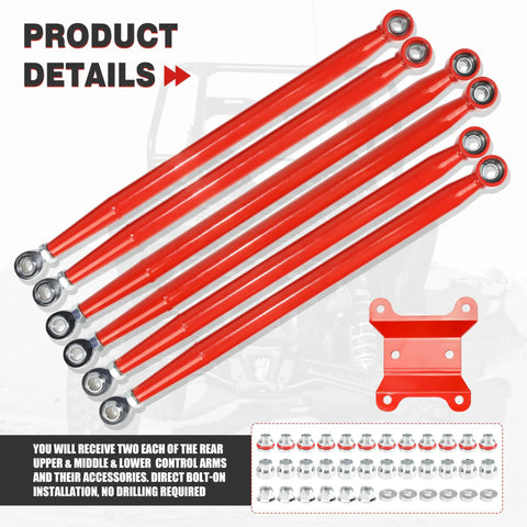 64 Inch Maverick X3 Rear Radius Rods Beefed Up Upgrade Kit Heavy Duty Red Steel Straight Arms For Maximum Ground Clearance And Stability Bolt On Fit For 2017 To 2023 X3 Turbo Turbo R RR MAX 6 Piece Set, red steel rods