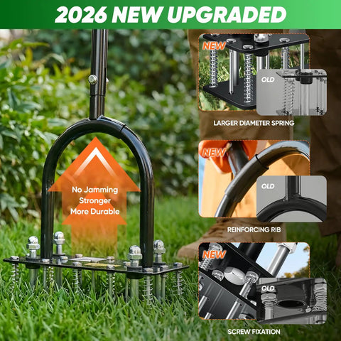 Manual Lawn Aerator Tool with 15 Iron Spikes Adjustable Height and Double Layer Spring in use in a garden